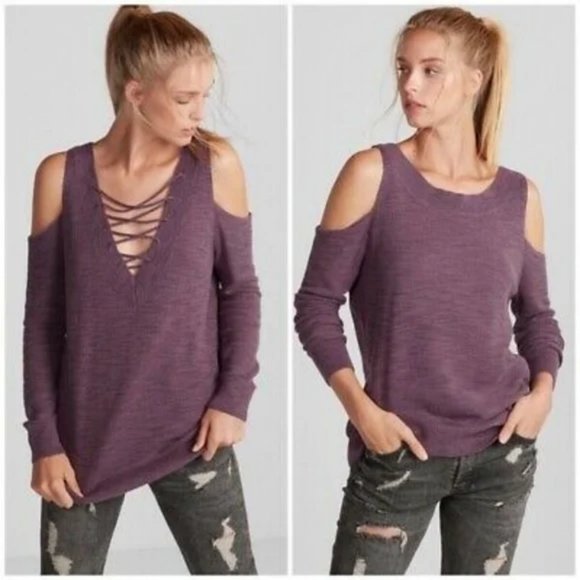 Express Cold Shoulder Lace Up Purple Reversible Sweater Size S - Picture 1 of 11
